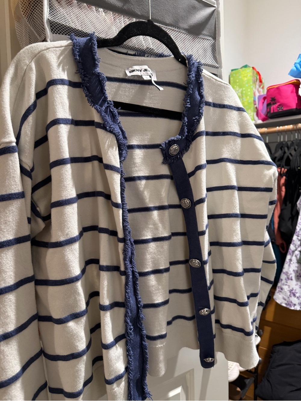 DKNY Cream and Navy Striped Fringed Cardigan with Silver Buttons